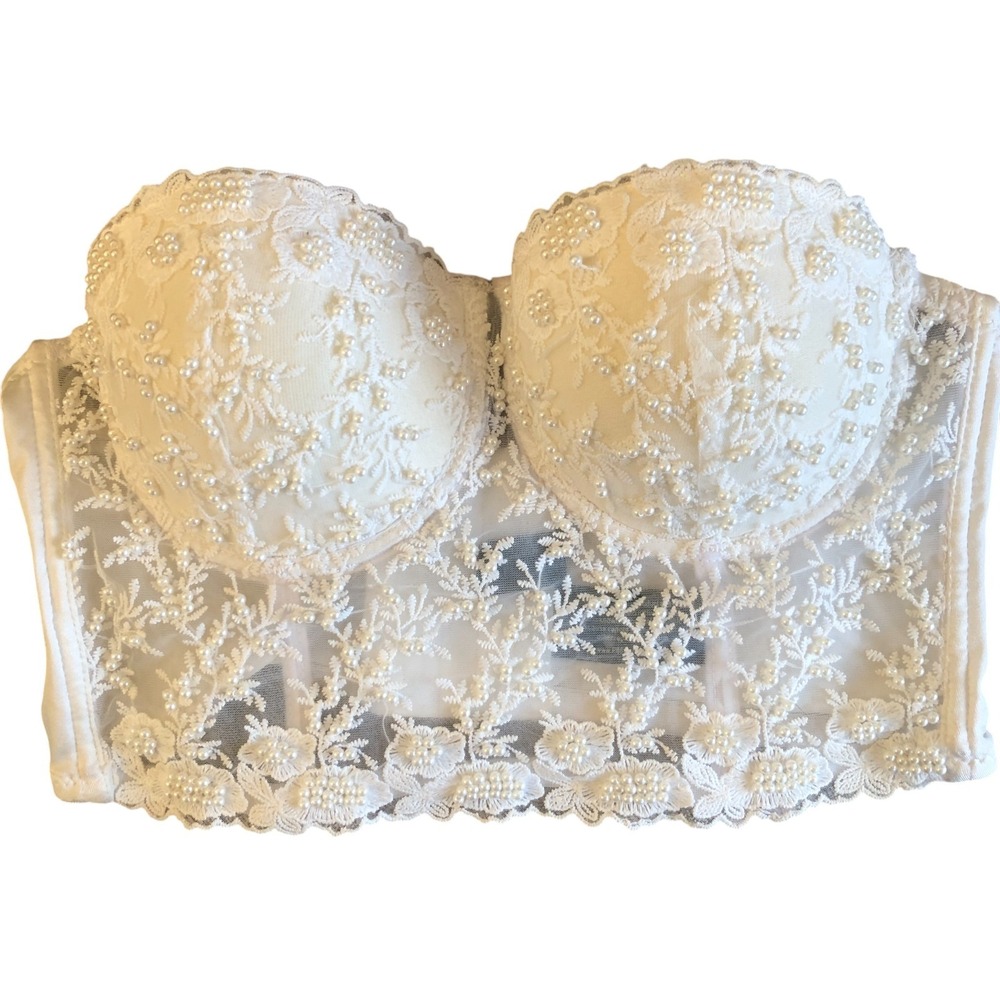 Vintage Windsor Pearl Beaded Strapless Lace Bustier Corset Top Bridal‎ Sz M